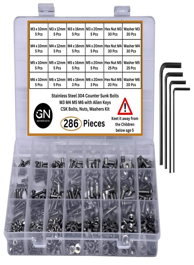 GENERASIS CSK Countersunk Allen Head Bolt Set - M3 M4 M5 M6 Sizes - 304 Stainless Steel Flat Head Allen Cap Screws with Hex Nuts, Washers & Allen Keys - 286-Piece Full Thread Assortment Kit - Image 1